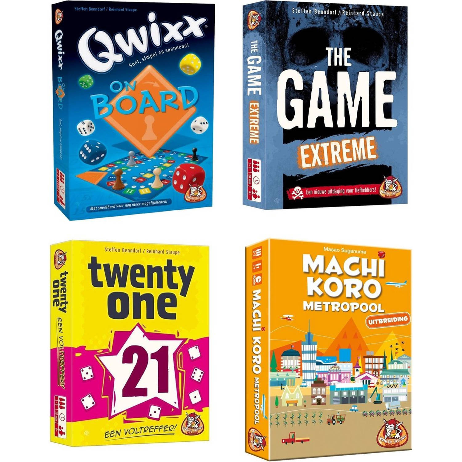 Bordspel Set 4 Spellen - Qwixx - The Game Extreme - Twenty One - Machi Koro Metropool