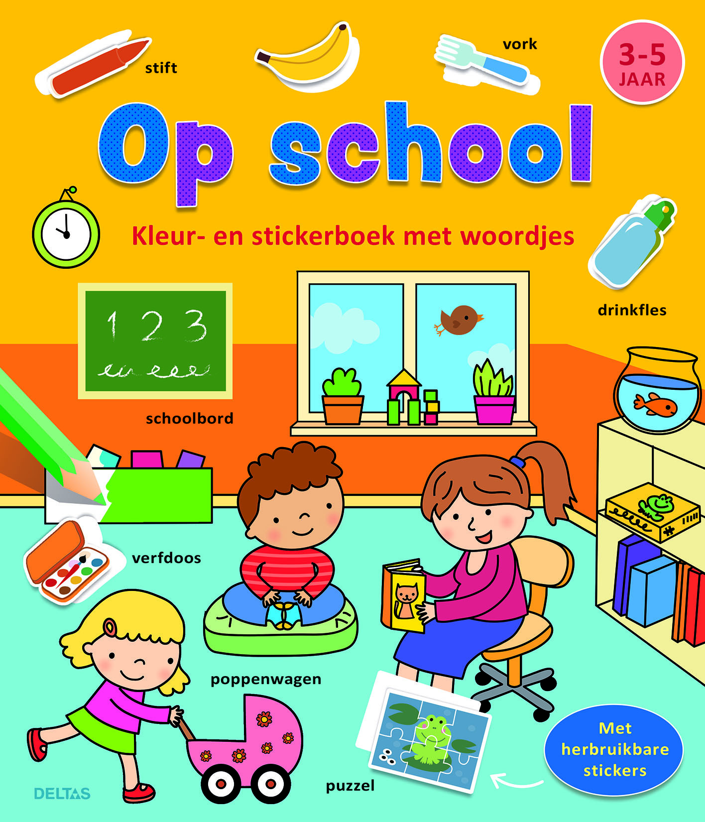 Kleur-en stickerboek met woordjes - Op school (3-5 j.)