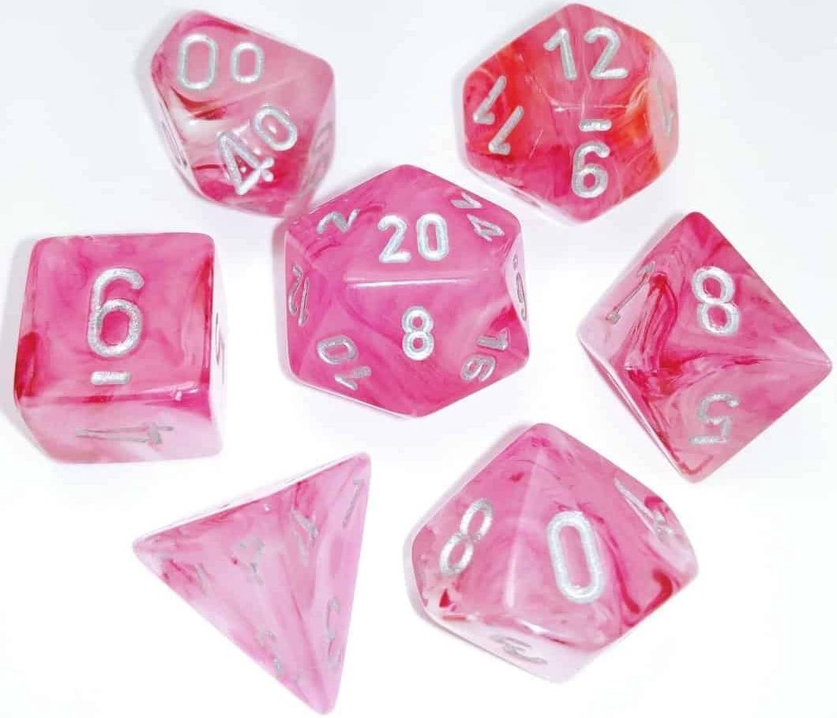 Dobbelstenen Ghostly Glow Pink/Silver Polydice (7 stuks)